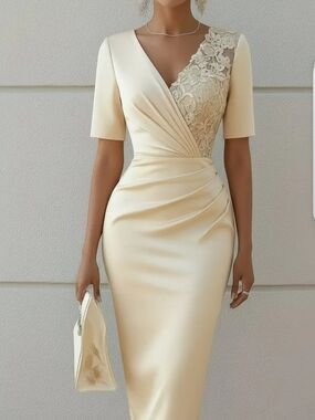 Elegant Cream Lace-Accent Sheath Dress